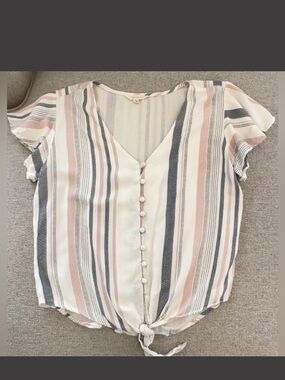 Striped Tie-Front V-Neck Top in Blush, cream & denim blue